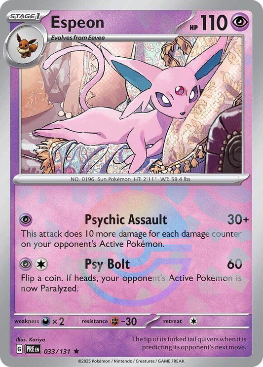 Espeon (Poke Ball Pattern) [PRE - 033/131] Condition: Near Mint Collectible Trading Cards SV: Prismatic Evolutions Also available: Language: English Printing: Holofoil