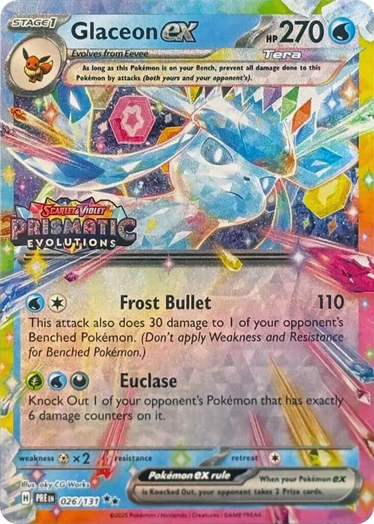 Glaceon ex - 026/131 (Prismatic Evolutions Stamp) [MCAP - 026/131] Condition: Near Mint Collectible Trading Cards Miscellaneous Cards & Products Also available: Language: English Printing: Holofoil