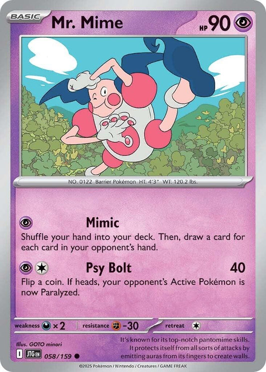 Mr. Mime [JTG - 058/159] Condition: Near Mint Collectible Trading Cards SV09: Journey Together Also available: Language: English Printing: Reverse Holofoil
