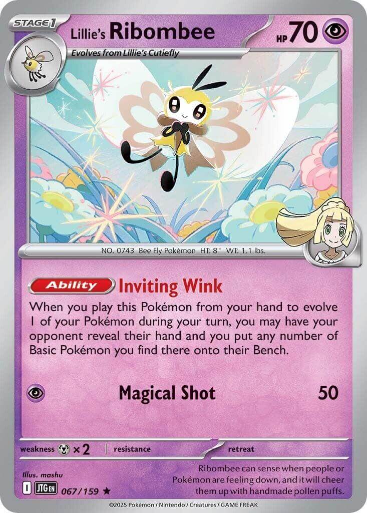 Lillie's Ribombee - 067/159 [JTG - 067/159] Condition: Near Mint Collectible Trading Cards SV09: Journey Together Also available: Language: English Printing: Reverse Holofoil