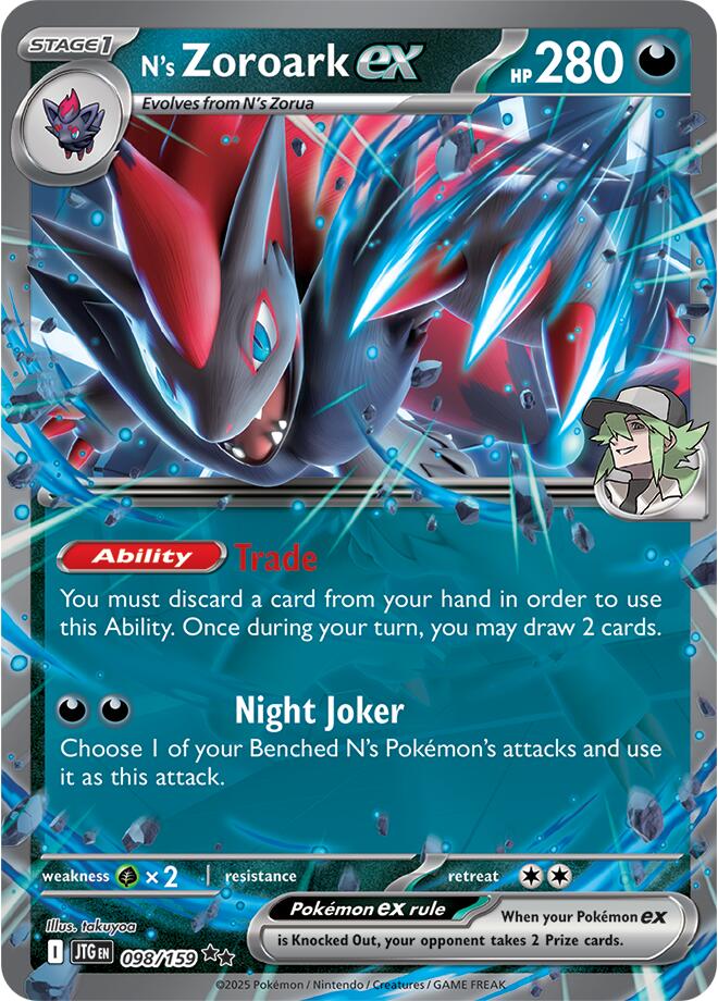 N's Zoroark ex - 098/159 [JTG - 098/159] Condition: Near Mint Collectible Trading Cards SV09: Journey Together Also available: Language: English Printing: Holofoil