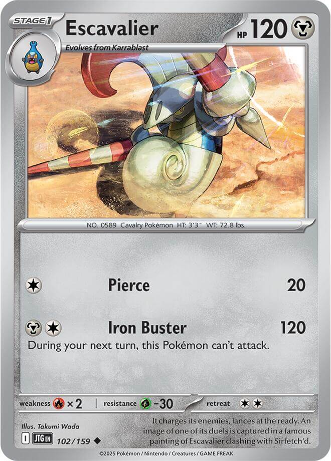 Escavalier [JTG - 102/159] Condition: Near Mint Collectible Trading Cards SV09: Journey Together Also available: Language: English Printing: Reverse Holofoil