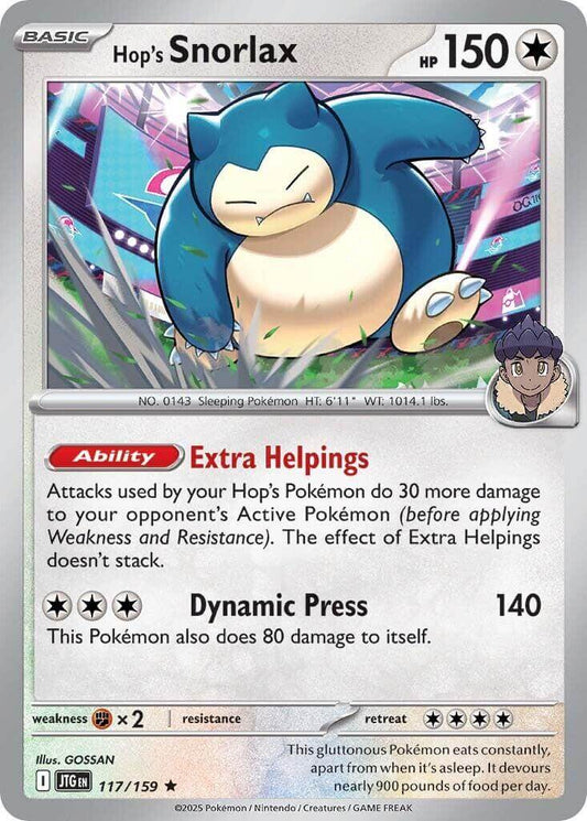 Hop's Snorlax [JTG - 117/159] Condition: Near Mint Collectible Trading Cards SV09: Journey Together Also available: Language: English Printing: Reverse Holofoil