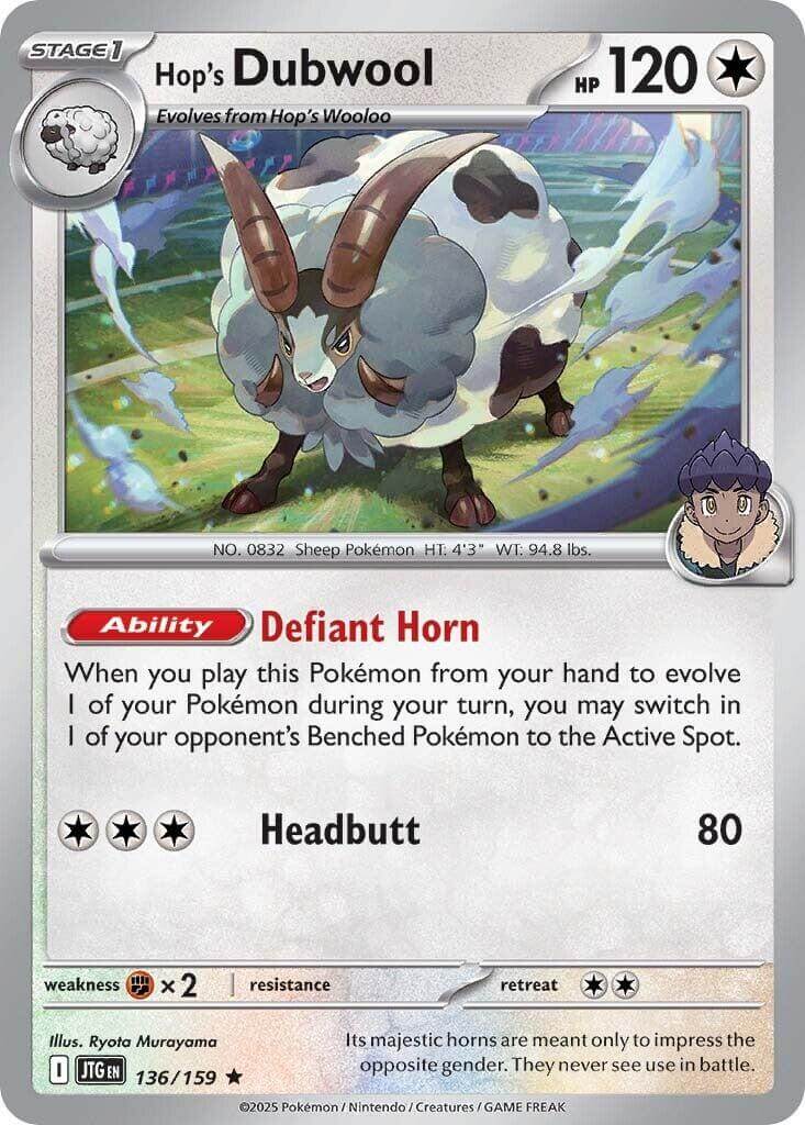 Hop's Dubwool [JTG - 136/159] Condition: Near Mint Collectible Trading Cards SV09: Journey Together Also available: Language: English Printing: Holofoil