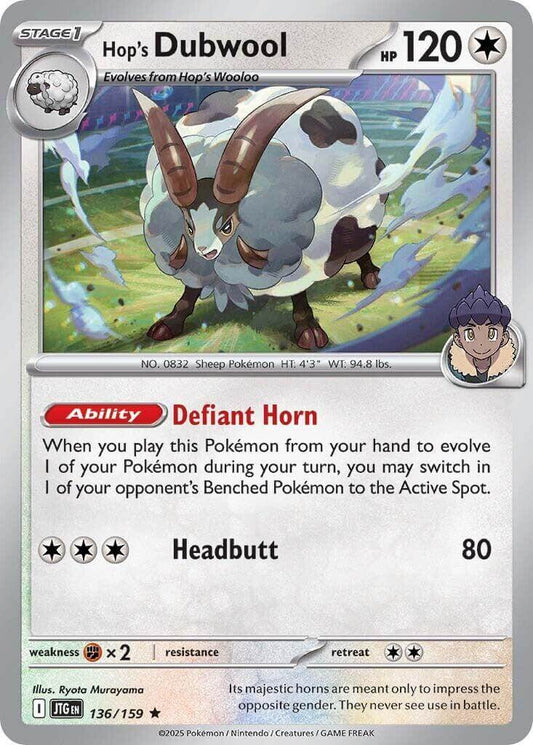 Hop's Dubwool [JTG - 136/159] Condition: Near Mint Collectible Trading Cards SV09: Journey Together Also available: Language: English Printing: Holofoil