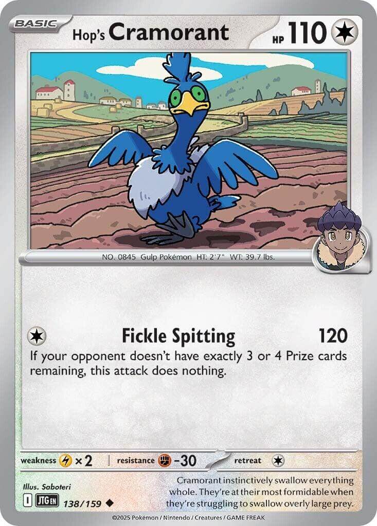 Hop's Cramorant [JTG - 138/159] Condition: Near Mint Collectible Trading Cards SV09: Journey Together Also available: Language: English Printing: Reverse Holofoil