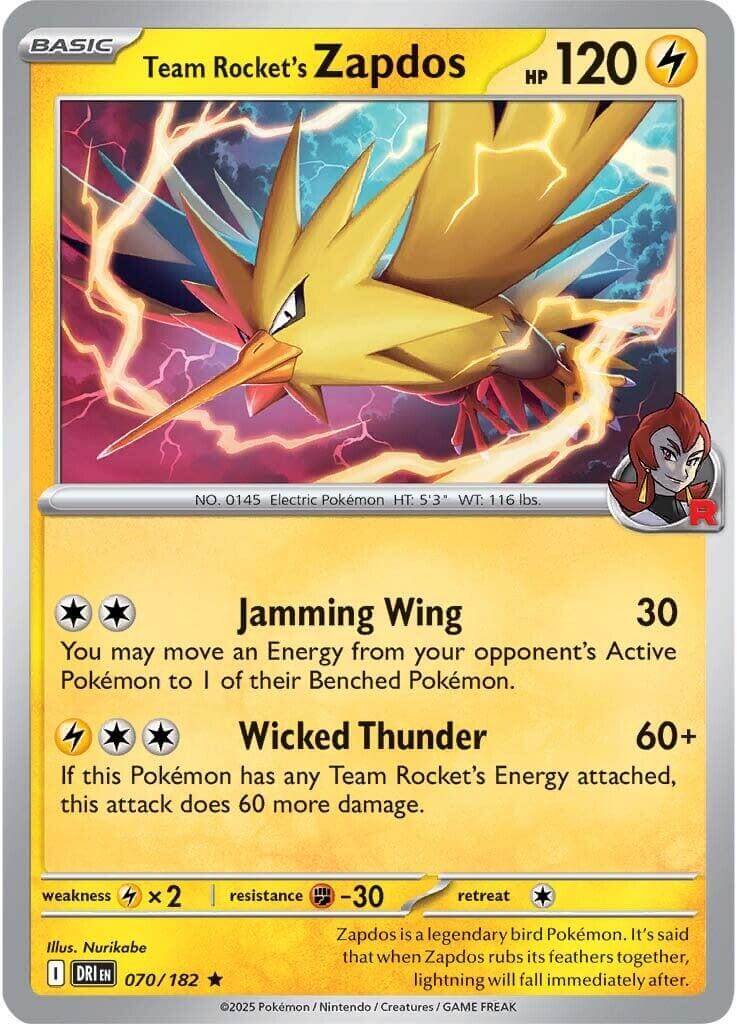 Team Rocket's Zapdos [DRI - 070/182] Condition: Near Mint Collectible Trading Cards SV10: Destined Rivals Also available: Language: English Printing: Holofoil