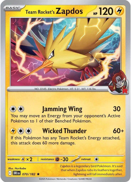 Team Rocket's Zapdos [DRI - 070/182] Condition: Near Mint Collectible Trading Cards SV10: Destined Rivals Also available: Language: English Printing: Holofoil