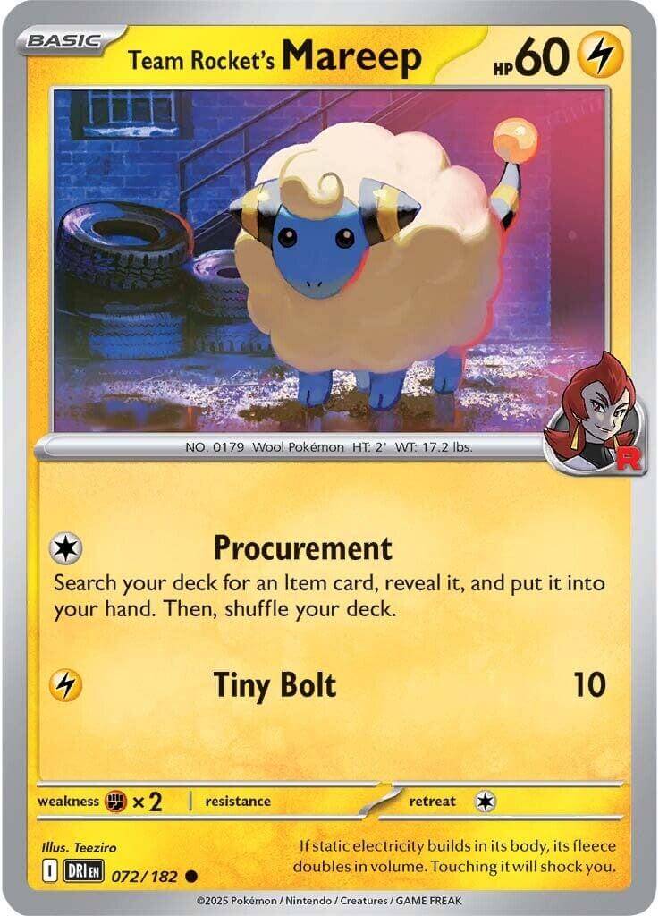 Team Rocket's Mareep [DRI - 072/182] Condition: Near Mint Collectible Trading Cards SV10: Destined Rivals Also available: Language: English Printing: Reverse Holofoil