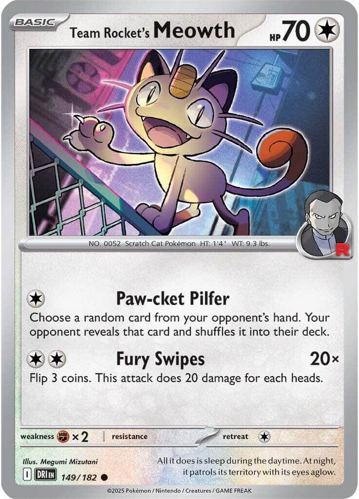 Team Rocket's Meowth [DRI - 149/182] Condition: Near Mint Collectible Trading Cards SV10: Destined Rivals Also available: Language: English Printing: Reverse Holofoil