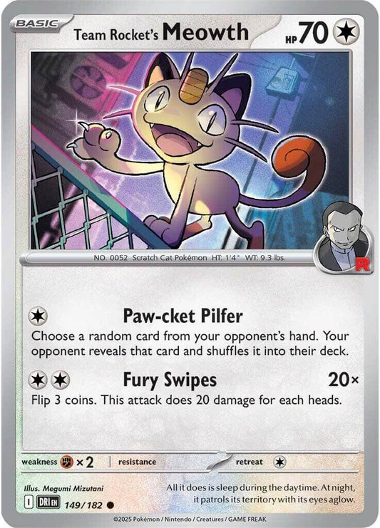 Team Rocket's Meowth [DRI - 149/182] Condition: Near Mint Collectible Trading Cards SV10: Destined Rivals Also available: Language: English Printing: Reverse Holofoil