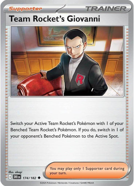 Team Rocket's Giovanni [DRI - 174/182] Condition: Near Mint Collectible Trading Cards SV10: Destined Rivals Also available: Language: English Printing: Reverse Holofoil