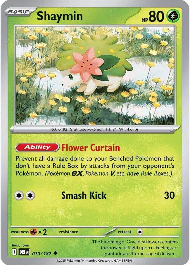 Shaymin - 010/182 [DRI - 010/182] Condition: Near Mint Collectible Trading Cards SV10: Destined Rivals Also available: Language: English Printing: Reverse Holofoil