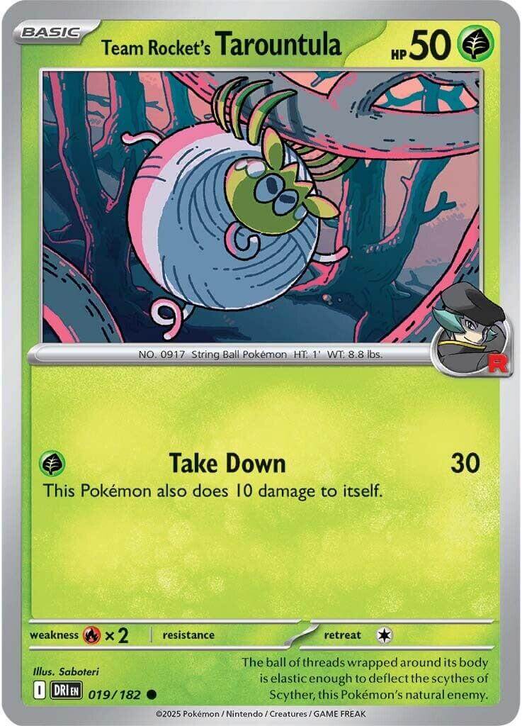 Team Rocket's Tarountula [DRI - 019/182] Condition: Near Mint Collectible Trading Cards SV10: Destined Rivals Also available: Language: English Printing: Reverse Holofoil