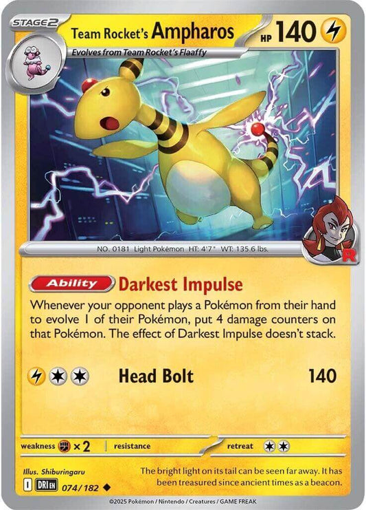 Team Rocket's Ampharos [DRI - 074/182] Condition: Near Mint Collectible Trading Cards SV10: Destined Rivals Also available: Language: English Printing: Reverse Holofoil