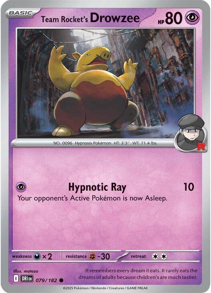 Team Rocket's Drowzee [DRI - 079/182] Condition: Near Mint Collectible Trading Cards SV10: Destined Rivals Also available: Language: English Printing: Reverse Holofoil