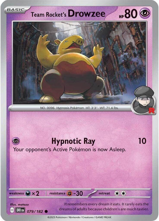 Team Rocket's Drowzee [DRI - 079/182] Condition: Near Mint Collectible Trading Cards SV10: Destined Rivals Also available: Language: English Printing: Reverse Holofoil