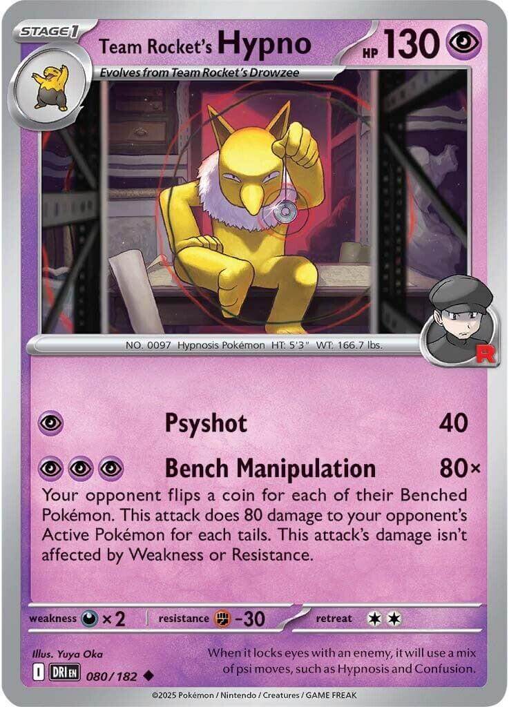 Team Rocket's Hypno [DRI - 080/182] Condition: Near Mint Collectible Trading Cards SV10: Destined Rivals Also available: Language: English Printing: Reverse Holofoil