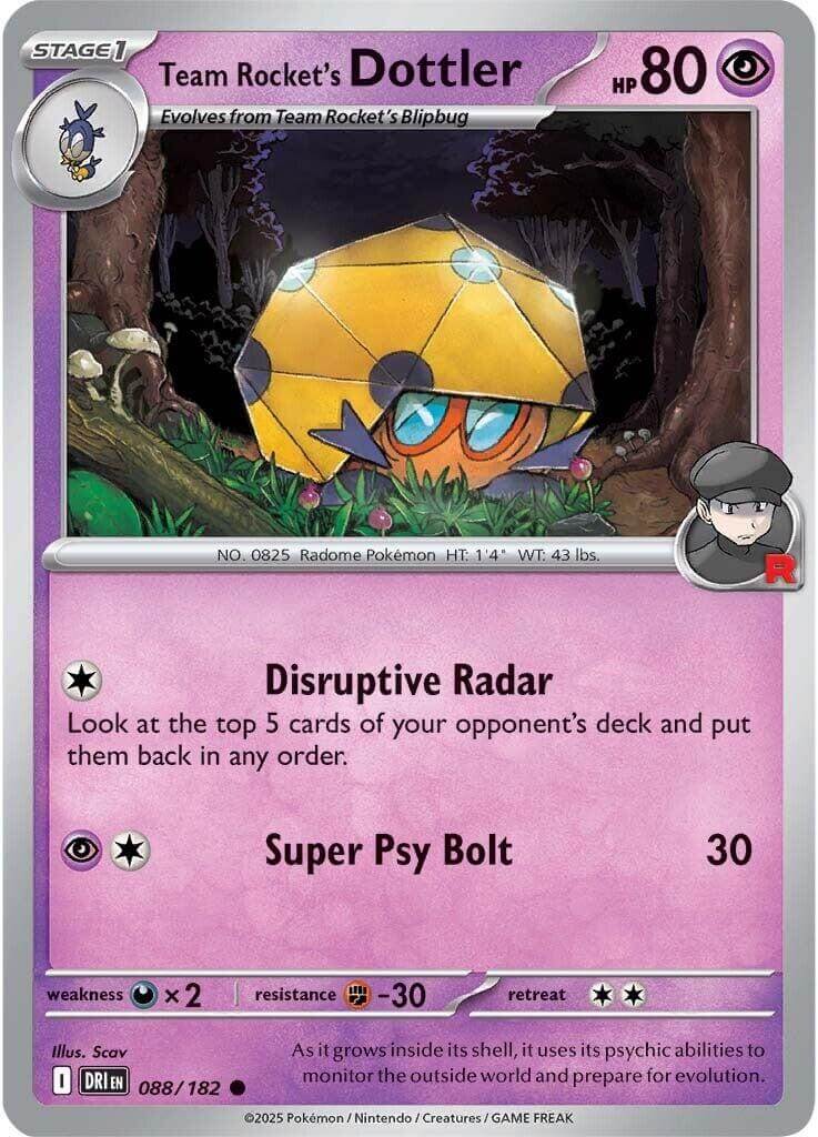 Team Rocket's Dottler [DRI - 088/182] Condition: Near Mint Collectible Trading Cards SV10: Destined Rivals Also available: Language: English Printing: Reverse Holofoil