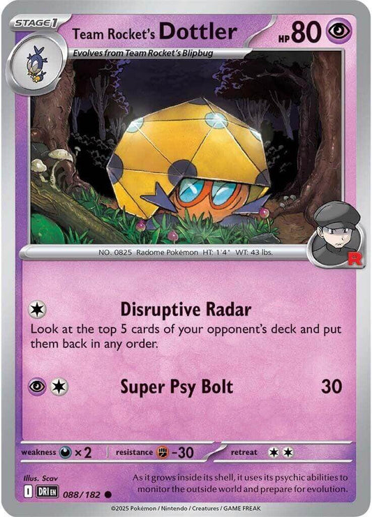 Team Rocket's Dottler [DRI - 088/182] Condition: Near Mint Collectible Trading Cards SV10: Destined Rivals Also available: Language: English Printing: Reverse Holofoil