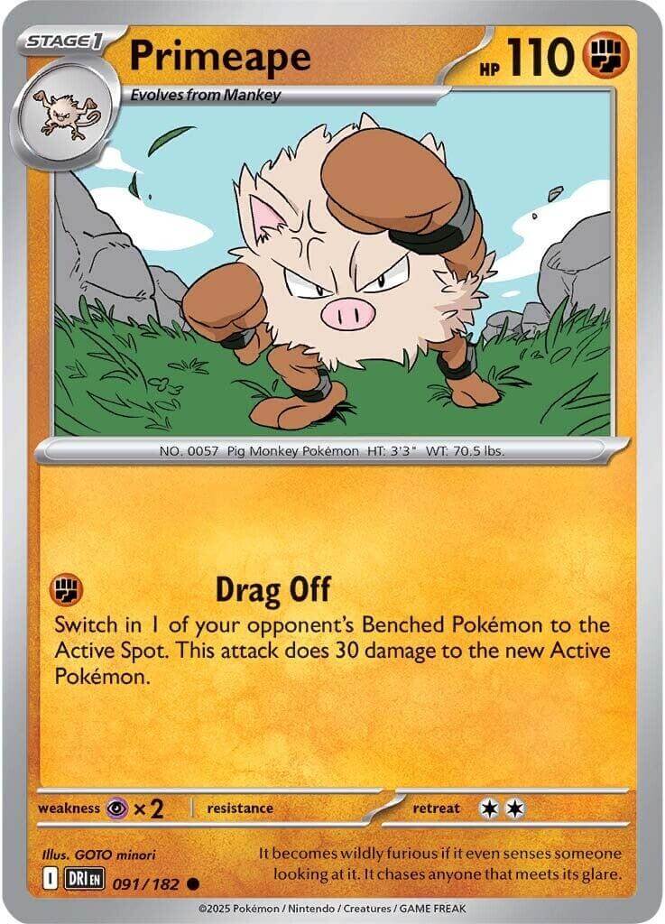 Primeape [DRI - 091/182] Condition: Near Mint Collectible Trading Cards SV10: Destined Rivals Also available: Language: English Printing: Reverse Holofoil