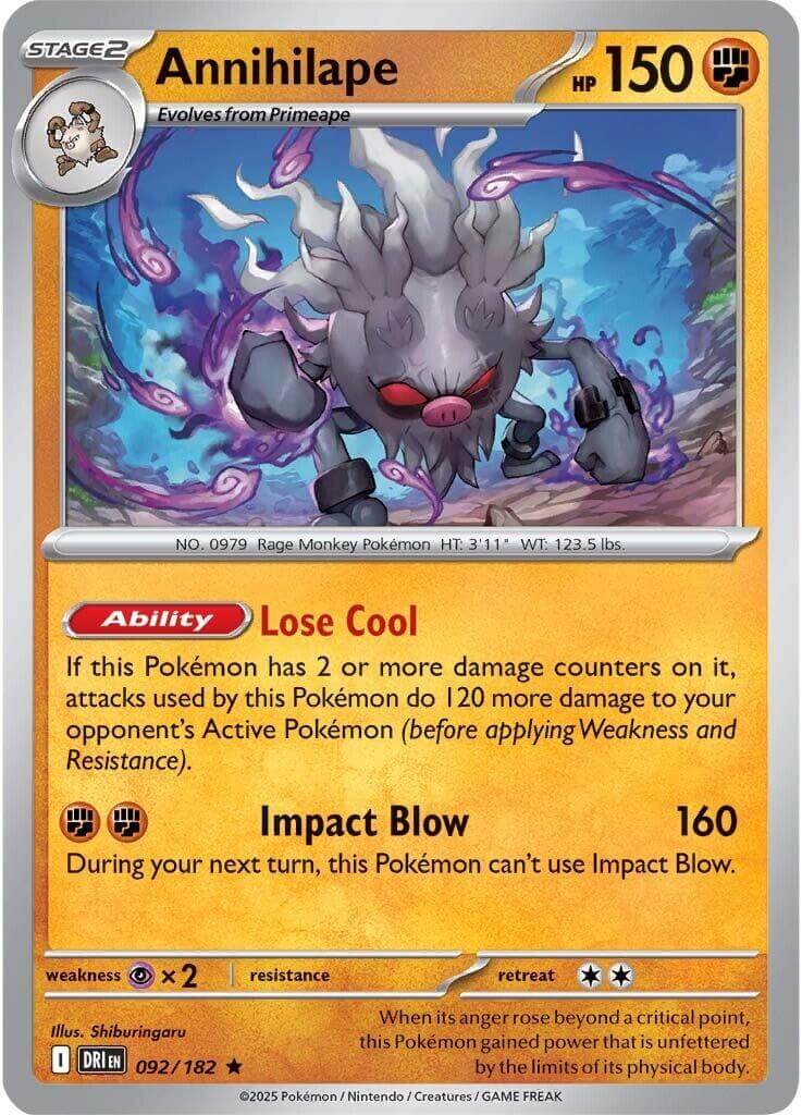 Annihilape [DRI - 092/182] Condition: Near Mint Collectible Trading Cards SV10: Destined Rivals Also available: Language: English Printing: Holofoil