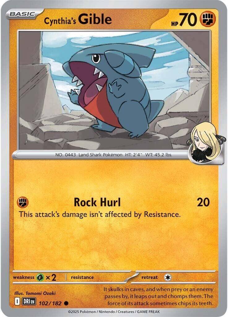 Cynthia's Gible [DRI - 102/182] Condition: Near Mint Collectible Trading Cards SV10: Destined Rivals Also available: Language: English Printing: Reverse Holofoil