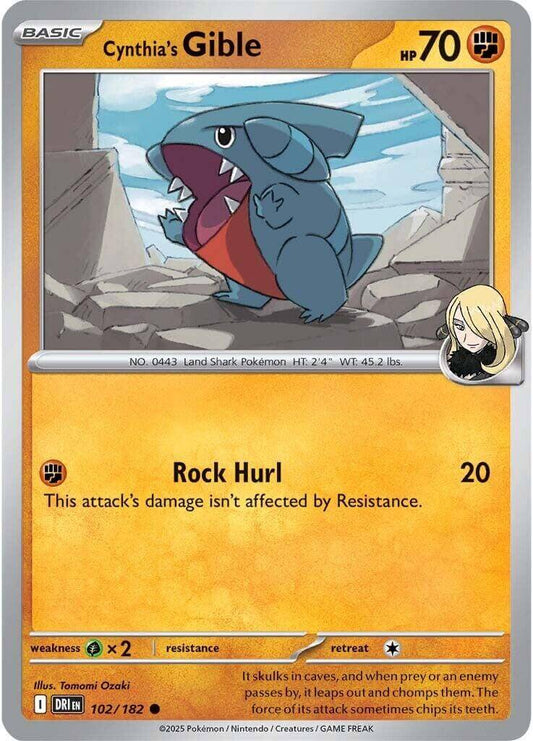 Cynthia's Gible [DRI - 102/182] Condition: Near Mint Collectible Trading Cards SV10: Destined Rivals Also available: Language: English Printing: Reverse Holofoil