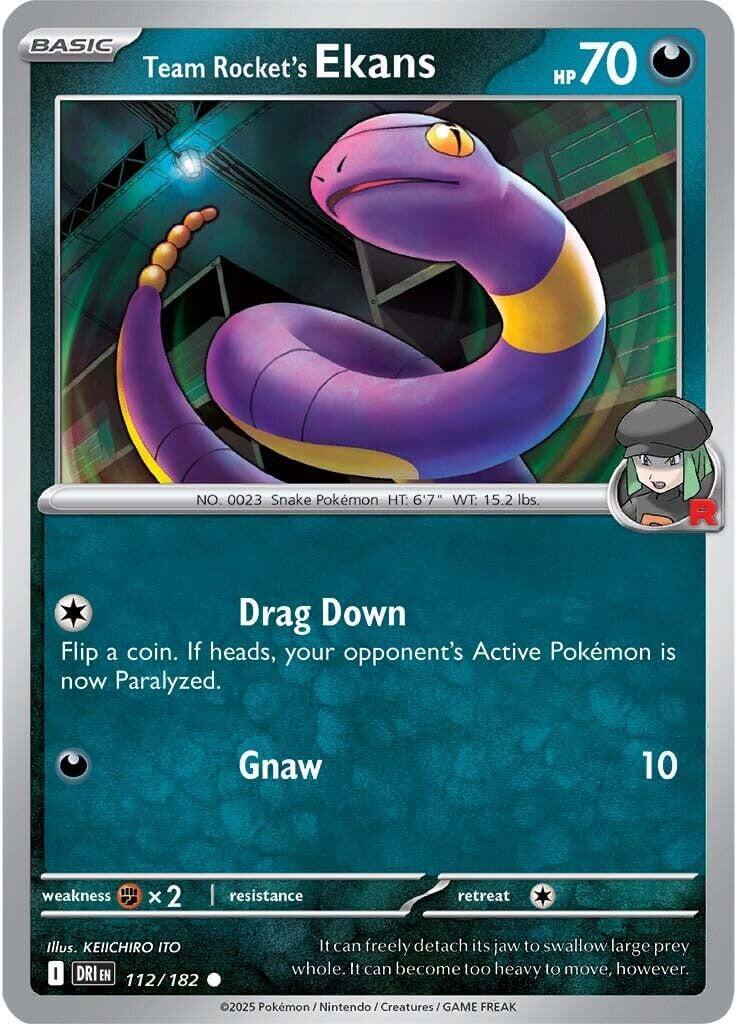 Team Rocket's Ekans [DRI - 112/182] Condition: Near Mint Collectible Trading Cards SV10: Destined Rivals Also available: Language: English Printing: Reverse Holofoil
