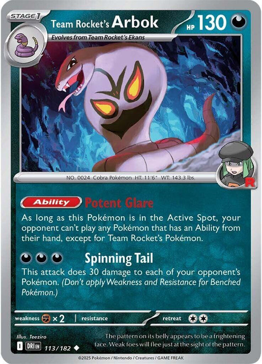 Team Rocket's Arbok [DRI - 113/182] Condition: Near Mint Collectible Trading Cards SV10: Destined Rivals Also available: Language: English Printing: Reverse Holofoil