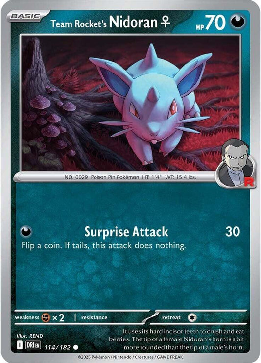 Team Rocket's Nidoran F [DRI - 114/182] Condition: Near Mint Collectible Trading Cards SV10: Destined Rivals Also available: Language: English Printing: Reverse Holofoil