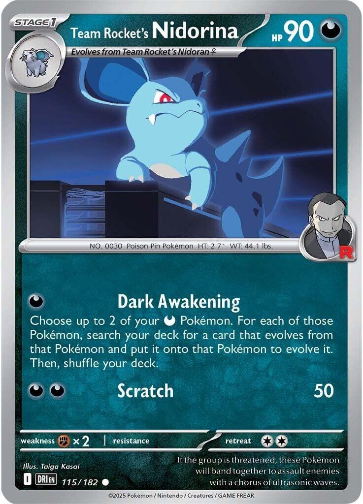 Team Rocket's Nidorina [DRI - 115/182] Condition: Near Mint Collectible Trading Cards SV10: Destined Rivals Also available: Language: English Printing: Reverse Holofoil