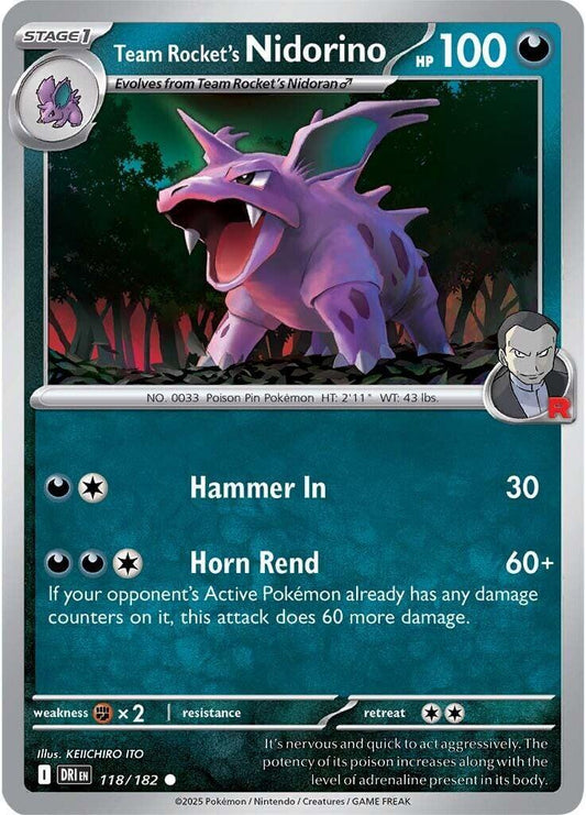 Team Rocket's Nidorino [DRI - 118/182] Condition: Near Mint Collectible Trading Cards SV10: Destined Rivals Also available: Language: English Printing: Reverse Holofoil