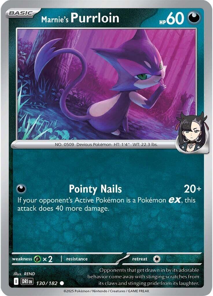 Marnie's Purrloin [DRI - 130/182] Condition: Near Mint Collectible Trading Cards SV10: Destined Rivals Also available: Language: English Printing: Reverse Holofoil