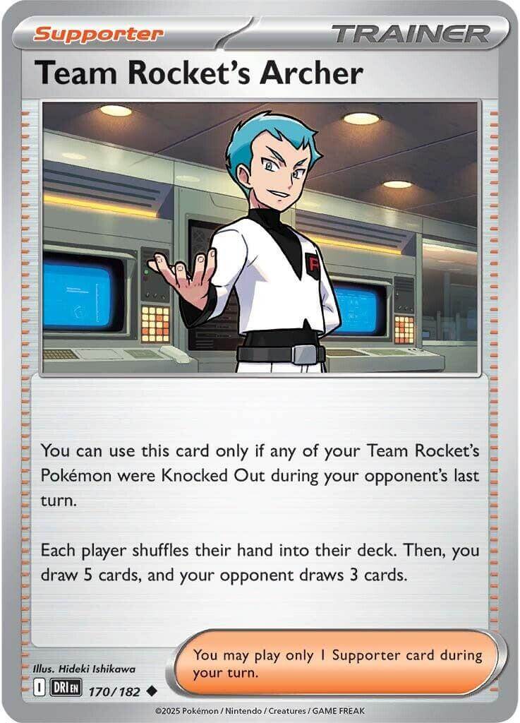 Team Rocket's Archer - 170/182 [DRI - 170/182] Condition: Near Mint Collectible Trading Cards SV10: Destined Rivals Also available: Language: English Printing: Reverse Holofoil