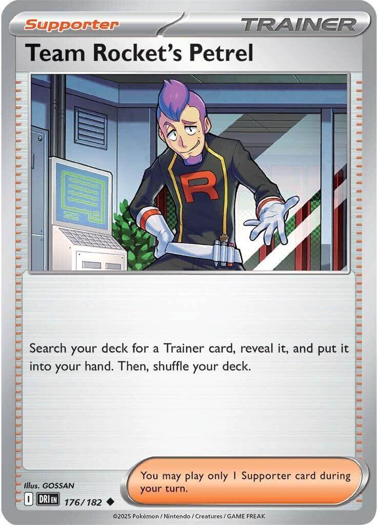 Team Rocket's Petrel - 176/182 [DRI - 176/182] Condition: Near Mint Collectible Trading Cards SV10: Destined Rivals Also available: Language: English Printing: Reverse Holofoil
