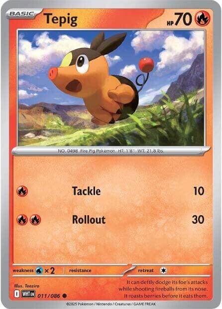 Tepig [WHT - 011/086] Condition: Near Mint Collectible Trading Cards SV: White Flare Also available: Language: English Printing: Reverse Holofoil