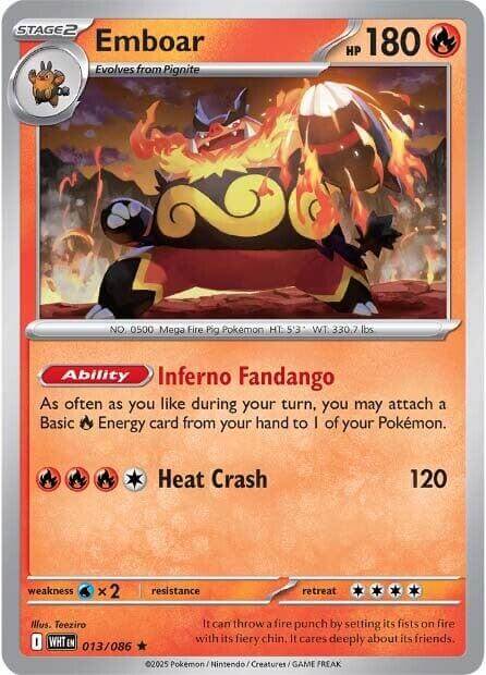 Emboar [WHT - 013/086] Condition: Near Mint Collectible Trading Cards SV: White Flare Also available: Language: English Printing: Reverse Holofoil