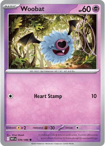 Woobat [WHT - 036/086] Condition: Near Mint Collectible Trading Cards SV: White Flare Also available: Language: English Printing: Reverse Holofoil