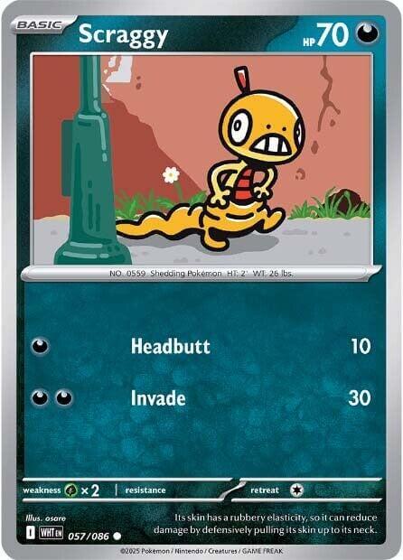 Scraggy [WHT - 057/086] Condition: Near Mint Collectible Trading Cards SV: White Flare Also available: Language: English Printing: Reverse Holofoil