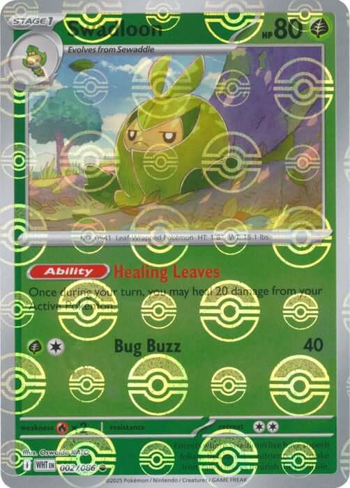 Swadloon (Poke Ball Pattern) [WHT - 002/086] Condition: Near Mint Collectible Trading Cards SV: White Flare Also available: Language: English Printing: Holofoil
