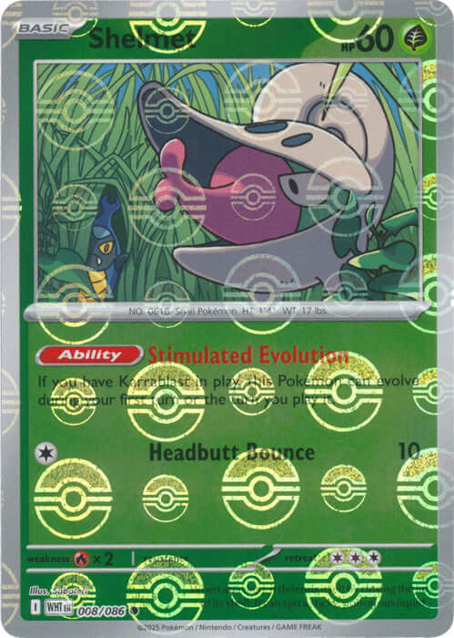 Shelmet (Poke Ball Pattern) [WHT - 008/086] Condition: Near Mint Collectible Trading Cards SV: White Flare Also available: Language: English Printing: Holofoil