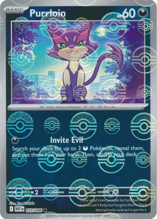 Purrloin (Poke Ball Pattern) [WHT - 055/086] Condition: Near Mint Collectible Trading Cards SV: White Flare Also available: Language: English Printing: Holofoil