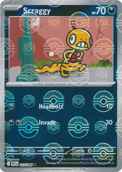 Scraggy (Poke Ball Pattern) [WHT - 057/086] Condition: Near Mint Collectible Trading Cards SV: White Flare Also available: Language: English Printing: Holofoil
