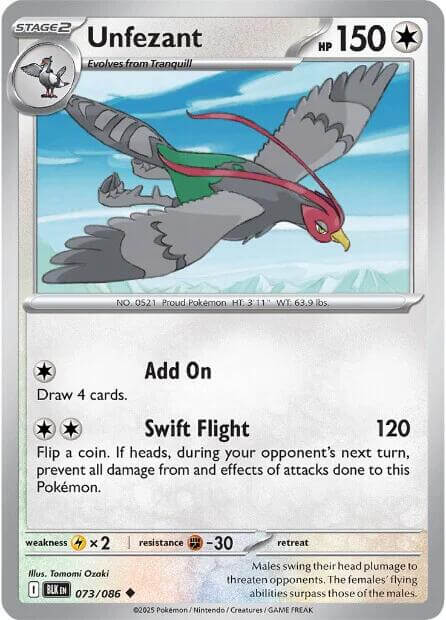 Unfezant [BLK - 073/086] Condition: Near Mint Collectible Trading Cards SV: Black Bolt Also available: Language: English Printing: Reverse Holofoil