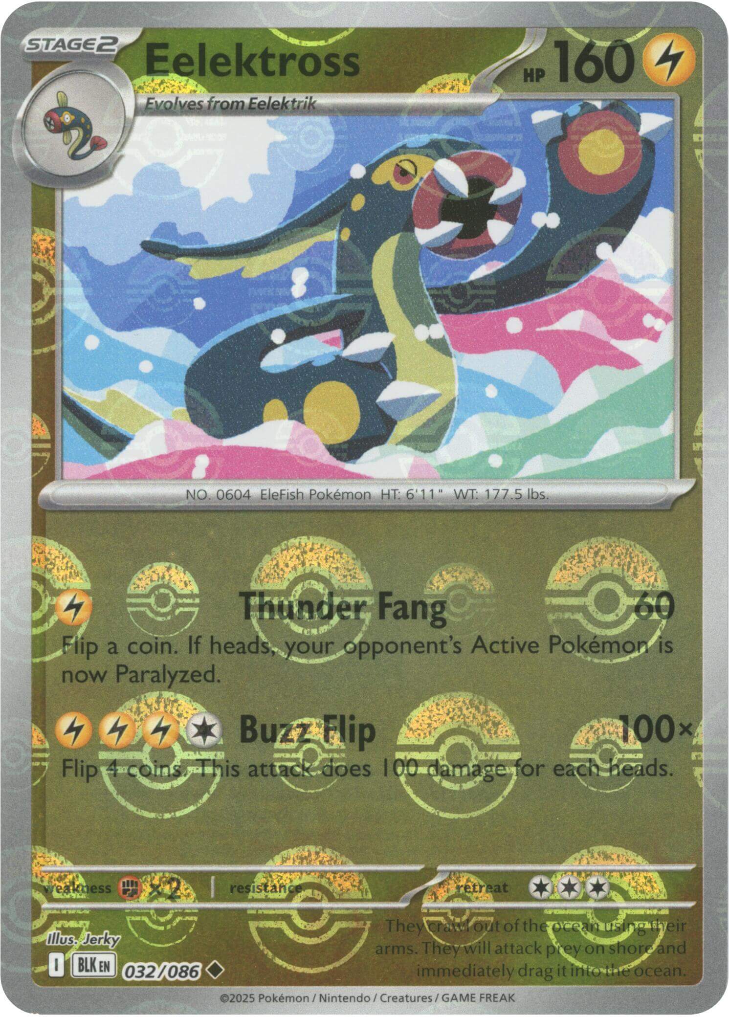 Eelektross (Poke Ball Pattern) [BLK - 032/086] Condition: Near Mint Collectible Trading Cards SV: Black Bolt Also available: Language: English Printing: Holofoil