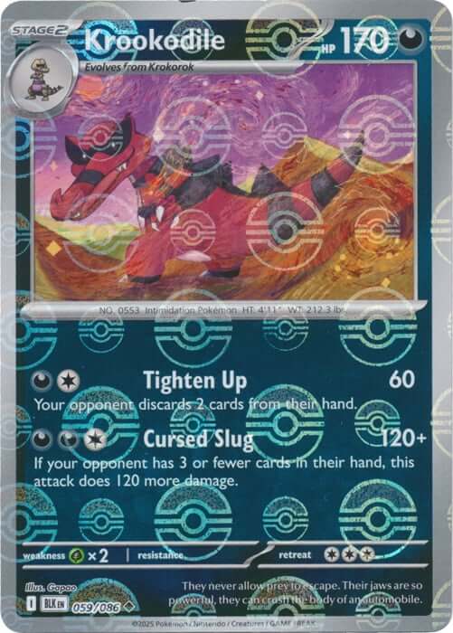 Krookodile (Poke Ball Pattern) [BLK - 059/086] Condition: Near Mint Collectible Trading Cards SV: Black Bolt Also available: Language: English Printing: Holofoil