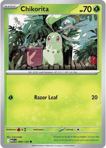 Chikorita [MEG - 008/132] Condition: Near Mint Collectible Trading Cards ME01: Mega Evolution Also available: Language: English Printing: Reverse Holofoil