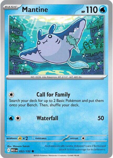 Mantine [MEG - 032/132] Condition: Near Mint Collectible Trading Cards ME01: Mega Evolution Also available: Language: English Printing: Reverse Holofoil