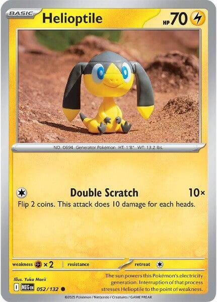Helioptile - 052/132 [MEG - 052/132] Condition: Near Mint Collectible Trading Cards ME01: Mega Evolution Also available: Language: English Printing: Reverse Holofoil